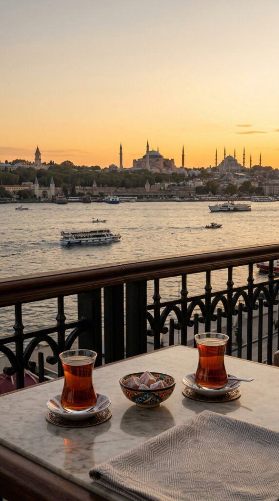 Abendsonne über dem Bosporus und ein gedeckter Tisch in ruhiger Stimmung
